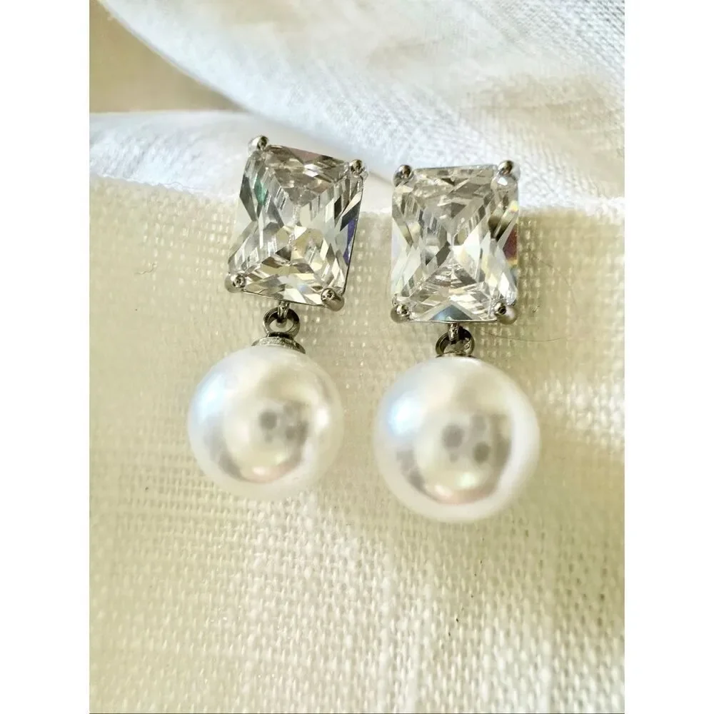 Super sparkly elongated radiant cut cubic zirconia faux pearl drop dangle earrin